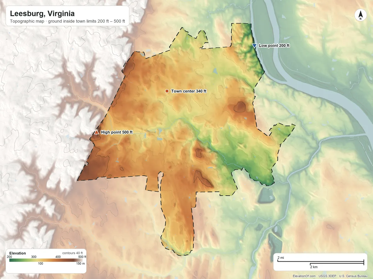 Topographic elevation map of Leesburg, Virginia, shaded from 200 ft on the northeast side to 500 ft on the southwest side