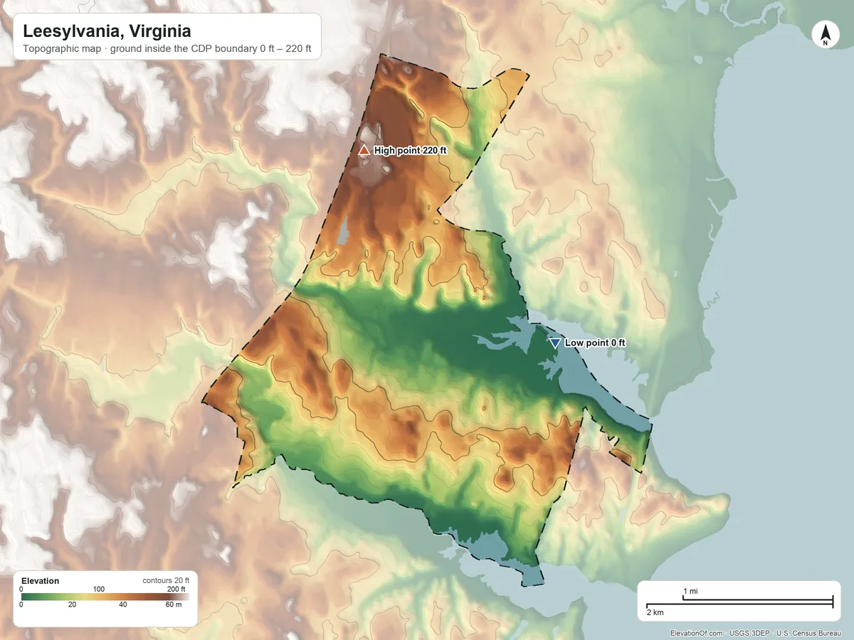 Topographic elevation map of Leesylvania, Virginia, shaded from 0 ft on the east side to 220 ft on the north side