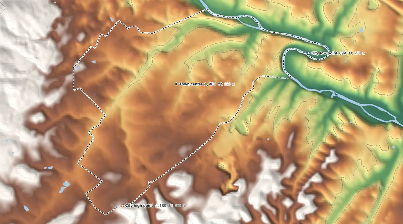 Topographic elevation map of Lexington, Virginia, shaded from 890 ft on the east side to 1,180 ft on the southwest side