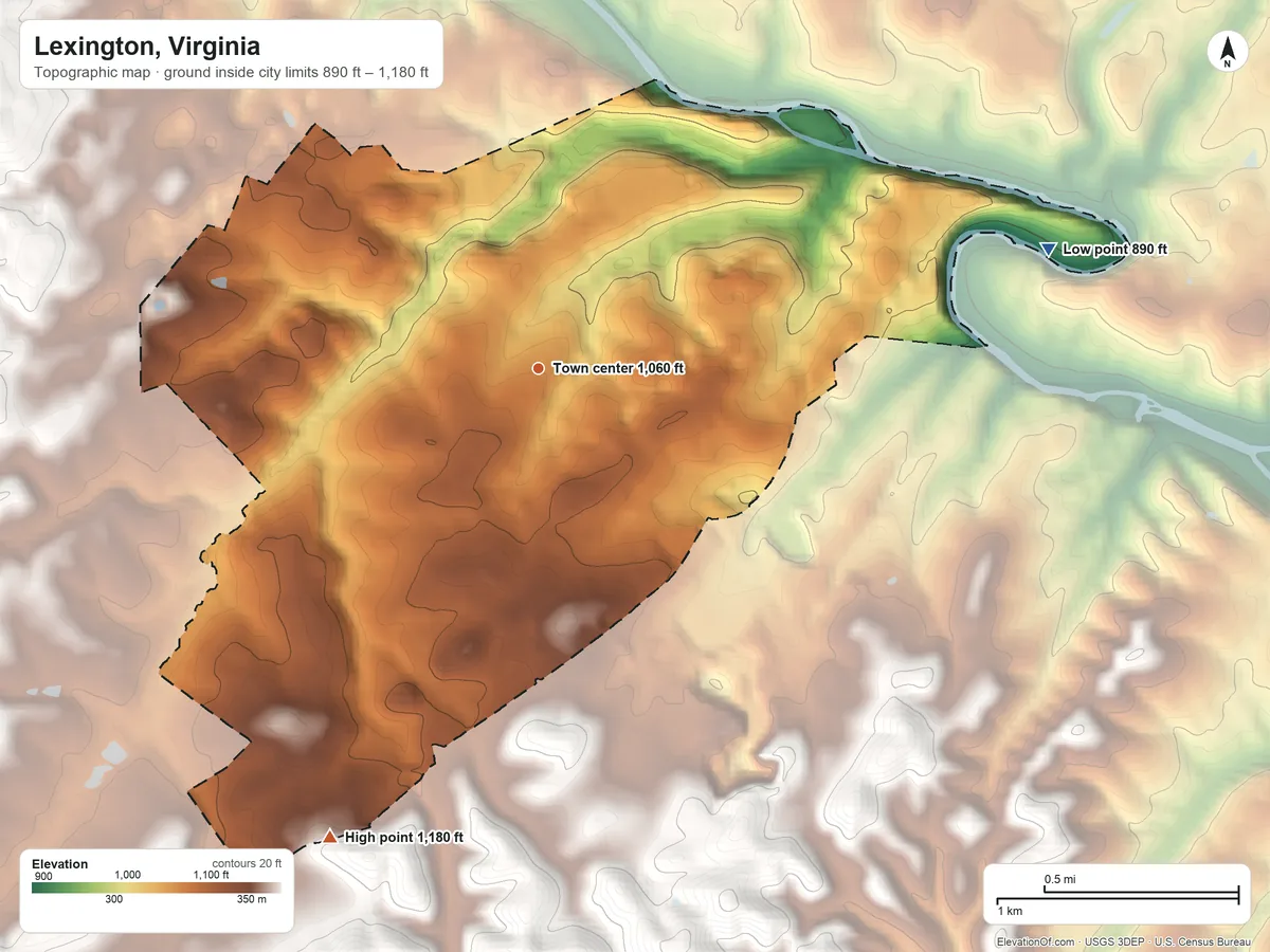 Topographic elevation map of Lexington, Virginia, shaded from 890 ft on the east side to 1,180 ft on the southwest side