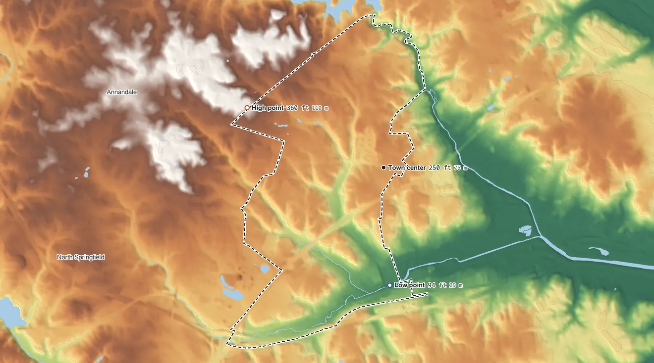 Topographic elevation map of Lincolnia, Virginia, shaded from 94 ft on the south side to 360 ft on the northwest side
