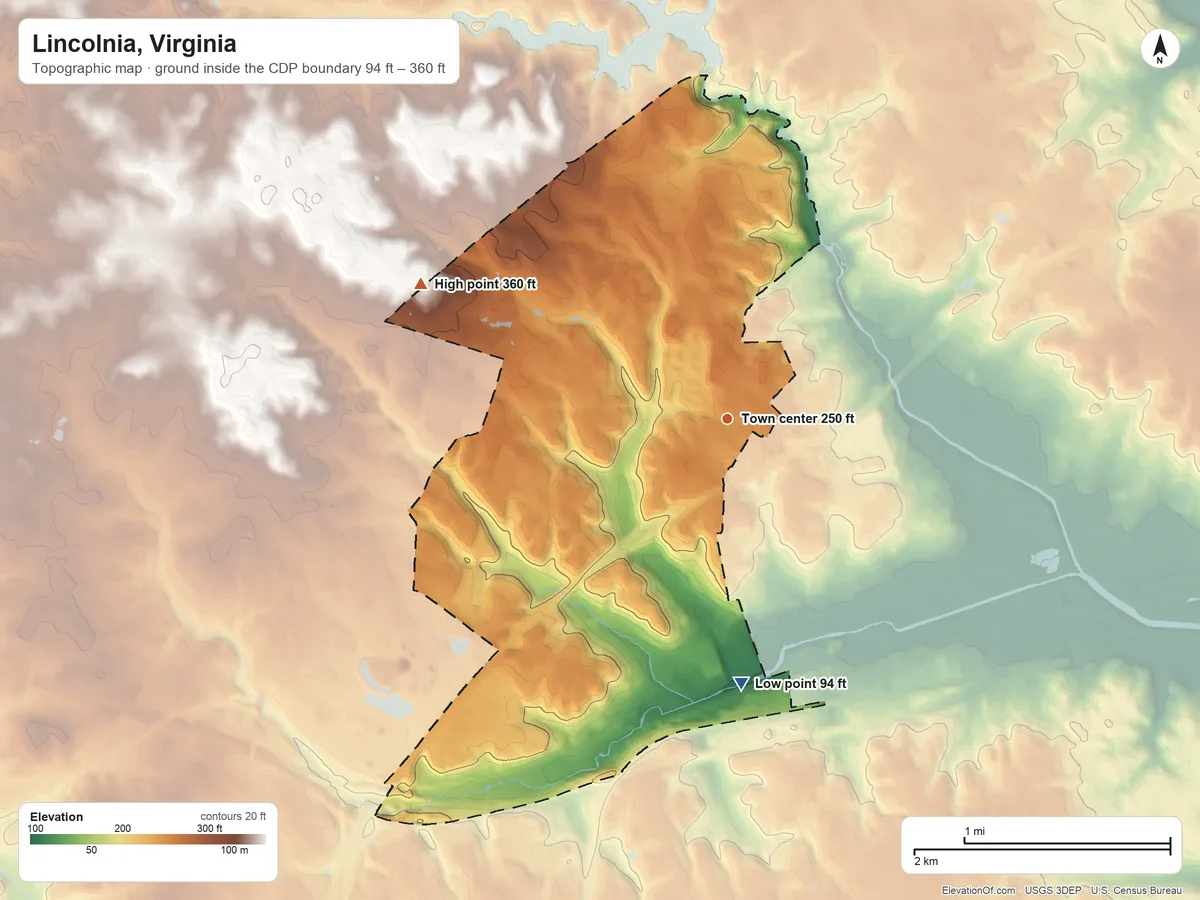 Topographic elevation map of Lincolnia, Virginia, shaded from 94 ft on the south side to 360 ft on the northwest side