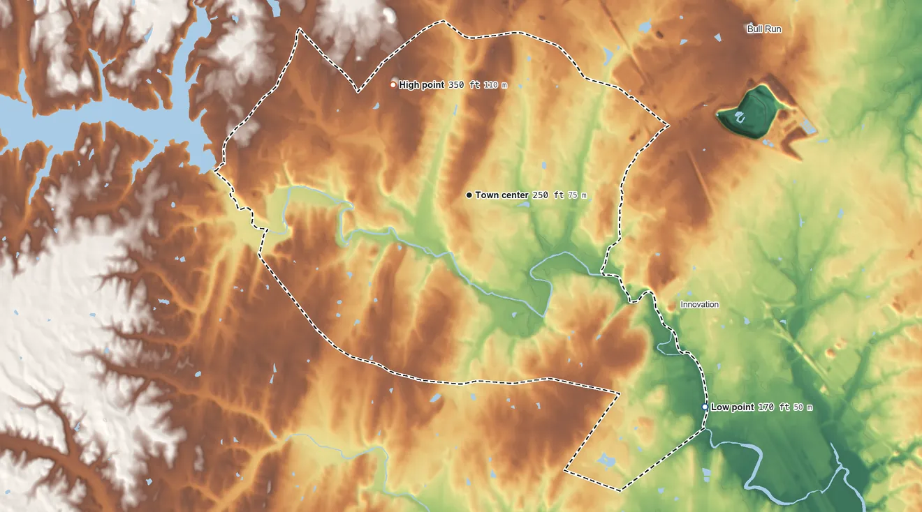Topographic elevation map of Linton Hall, Virginia, shaded from 170 ft on the southeast side to 350 ft on the northwest side