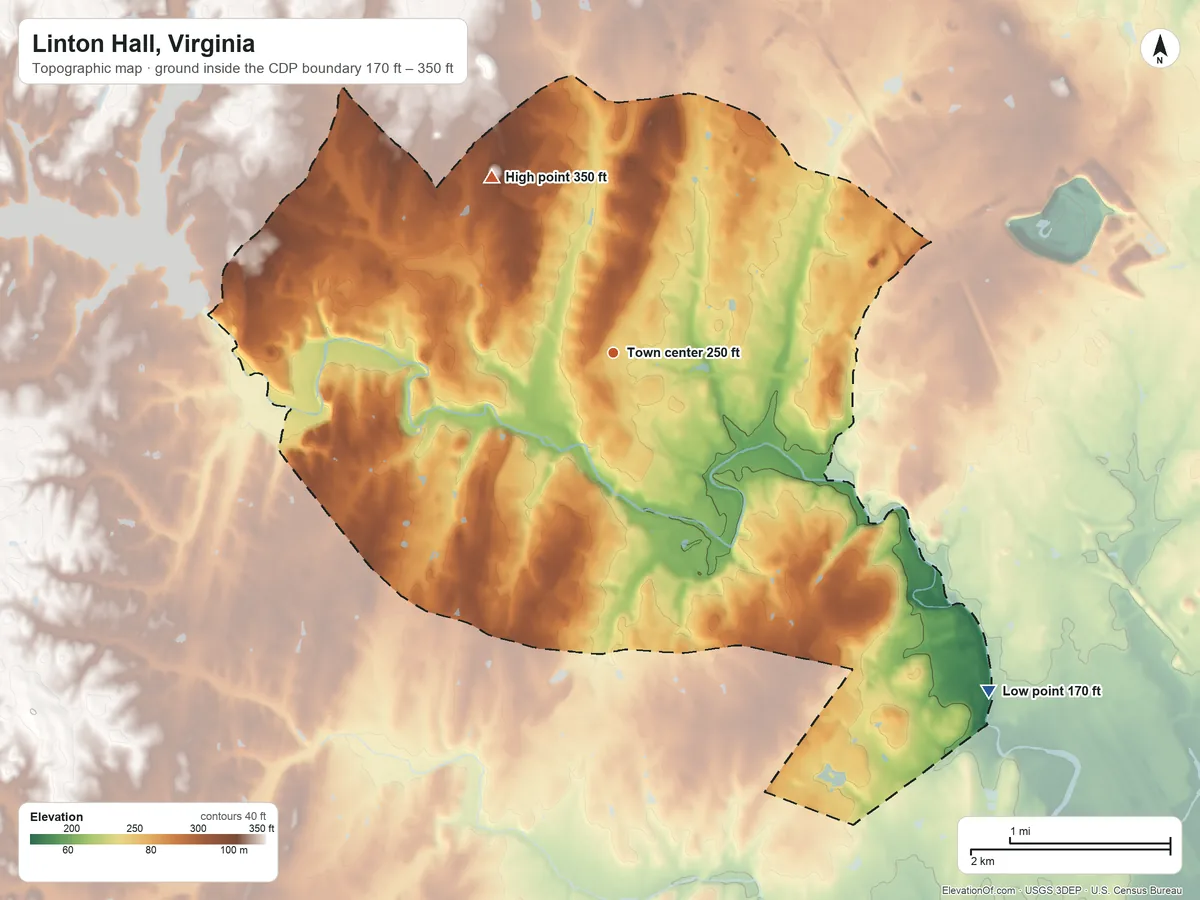 Topographic elevation map of Linton Hall, Virginia, shaded from 170 ft on the southeast side to 350 ft on the northwest side