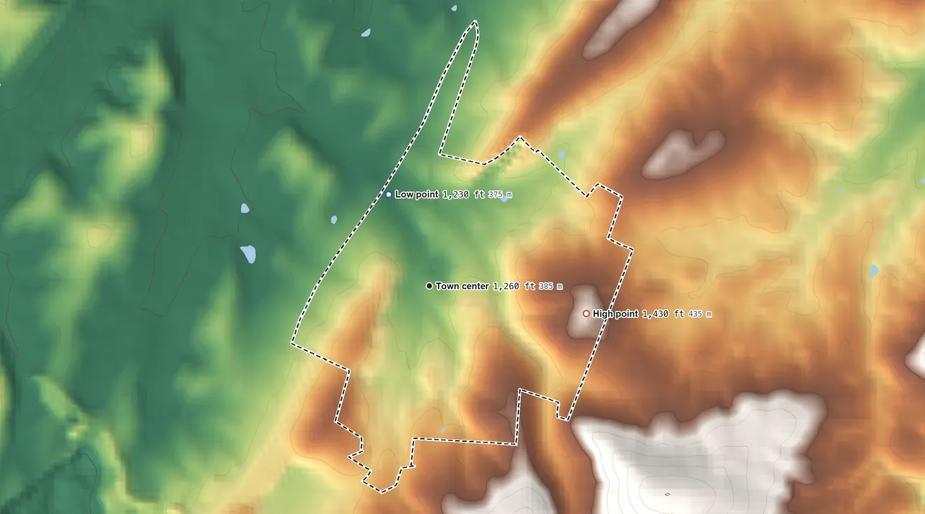 Topographic elevation map of Linville, Virginia, shaded from 1,230 ft on the northwest side to 1,430 ft on the east side