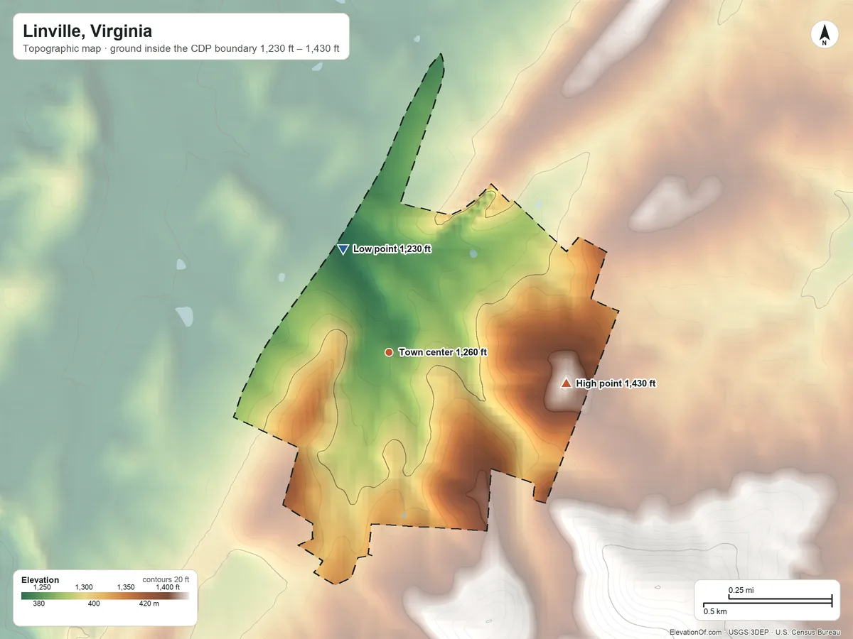 Topographic elevation map of Linville, Virginia, shaded from 1,230 ft on the northwest side to 1,430 ft on the east side