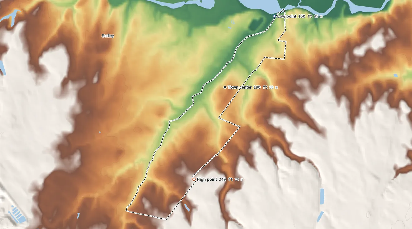 Topographic elevation map of Loch Lomond, Virginia, shaded from 150 ft on the northeast side to 240 ft on the south side