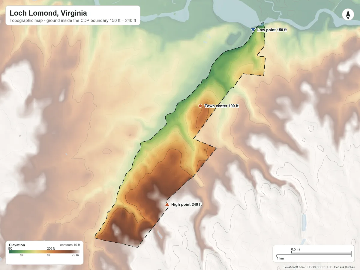 Topographic elevation map of Loch Lomond, Virginia, shaded from 150 ft on the northeast side to 240 ft on the south side