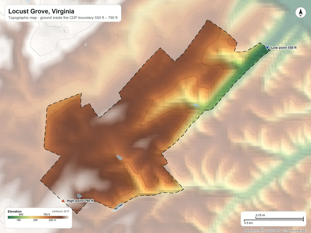 Topographic elevation map of Locust Grove, Virginia, shaded from 550 ft on the northeast side to 790 ft at the foot of the Little North Mountain