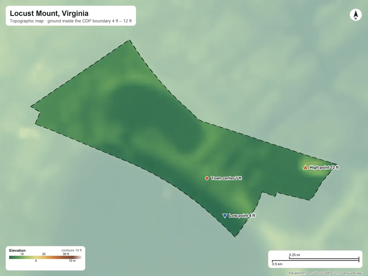 Topographic elevation map of Locust Mount, Virginia, shaded from 4 ft on the southeast side to 12 ft on the east side