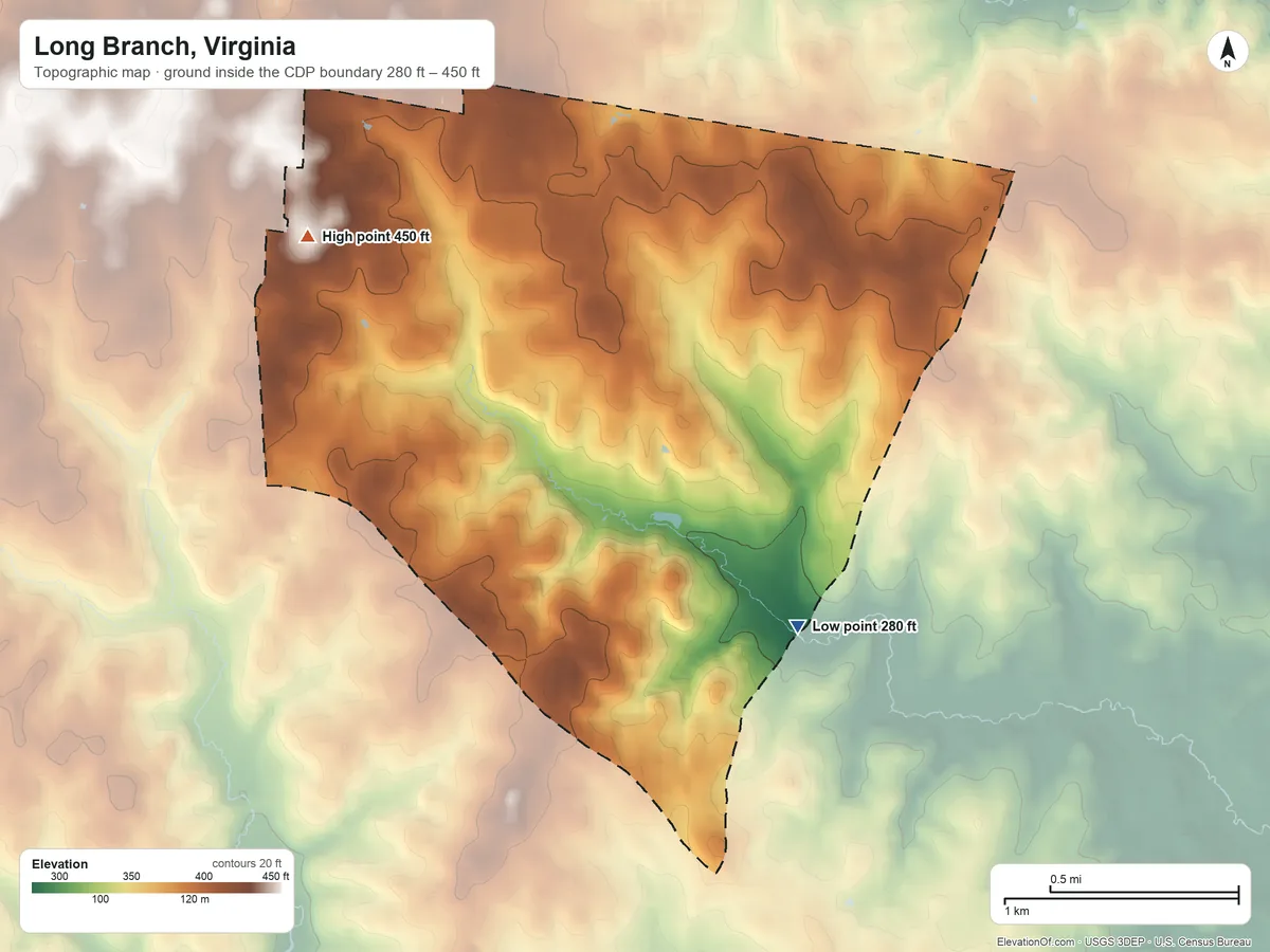 Topographic elevation map of Long Branch, Virginia, shaded from 280 ft on the southeast side to 450 ft on the northwest side