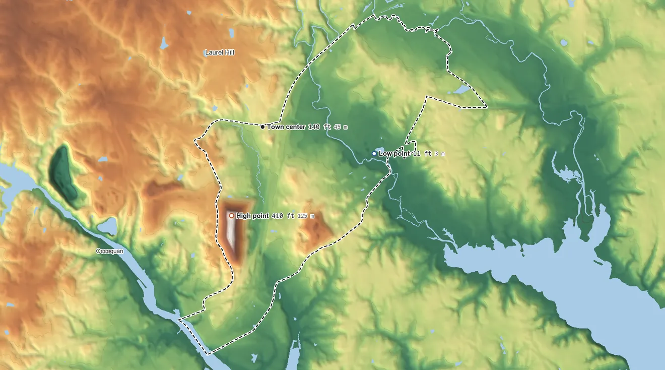 Topographic elevation map of Lorton, Virginia, shaded from 11 ft on the east side to 410 ft on the south side