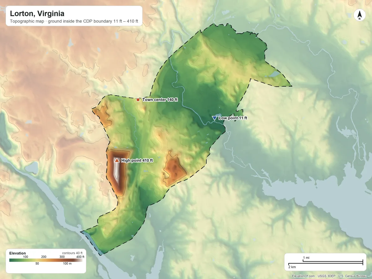 Topographic elevation map of Lorton, Virginia, shaded from 11 ft on the east side to 410 ft on the south side