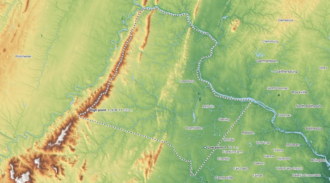 Topographic elevation map of Loudoun County, Virginia, shaded from 0 ft on the southeast side to 1,910 ft on the west side