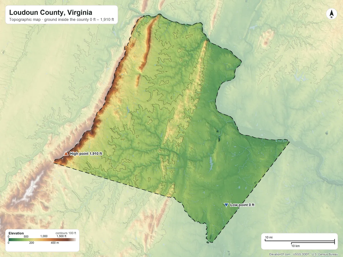 Topographic elevation map of Loudoun County, Virginia, shaded from 0 ft on the southeast side to 1,910 ft on the west side