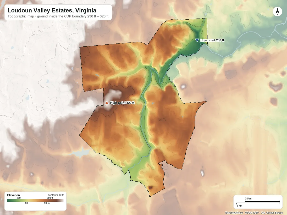 Topographic elevation map of Loudoun Valley Estates, Virginia, shaded from 230 ft on the northeast side to 320 ft on the west side