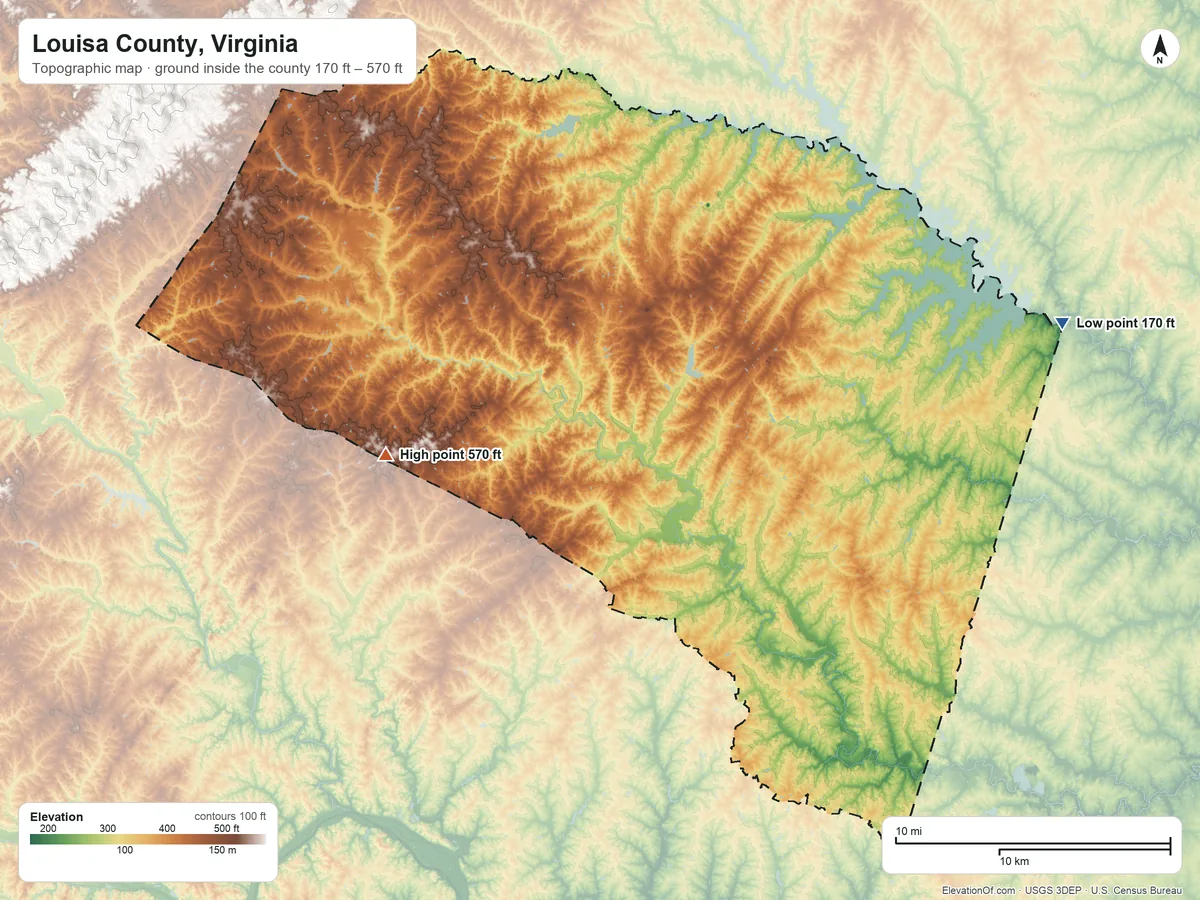 Topographic elevation map of Louisa County, Virginia, shaded from 170 ft on the east side to 570 ft on the west side