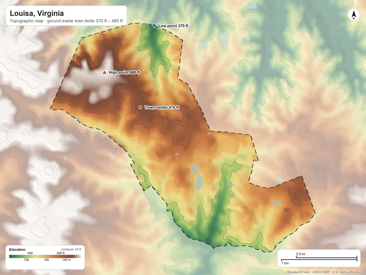Topographic elevation map of Louisa, Virginia, shaded from 370 ft on the north side to 480 ft on the northwest side
