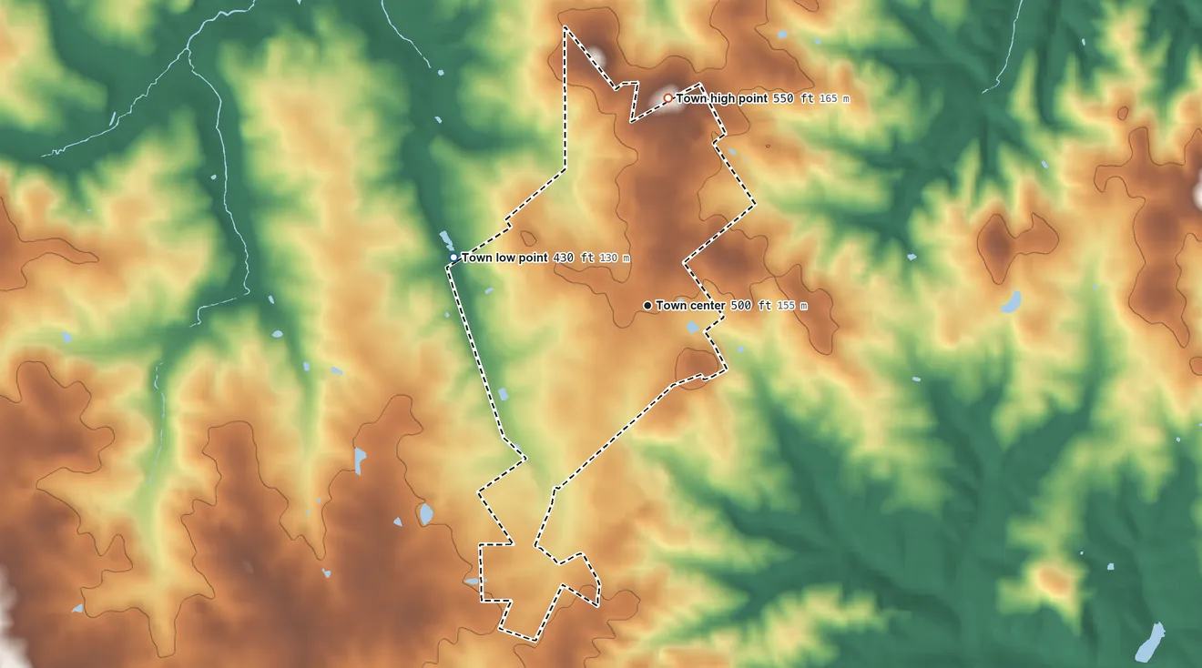Topographic elevation map of Lovettsville, Virginia, shaded from 430 ft on the west side to 550 ft on the north side