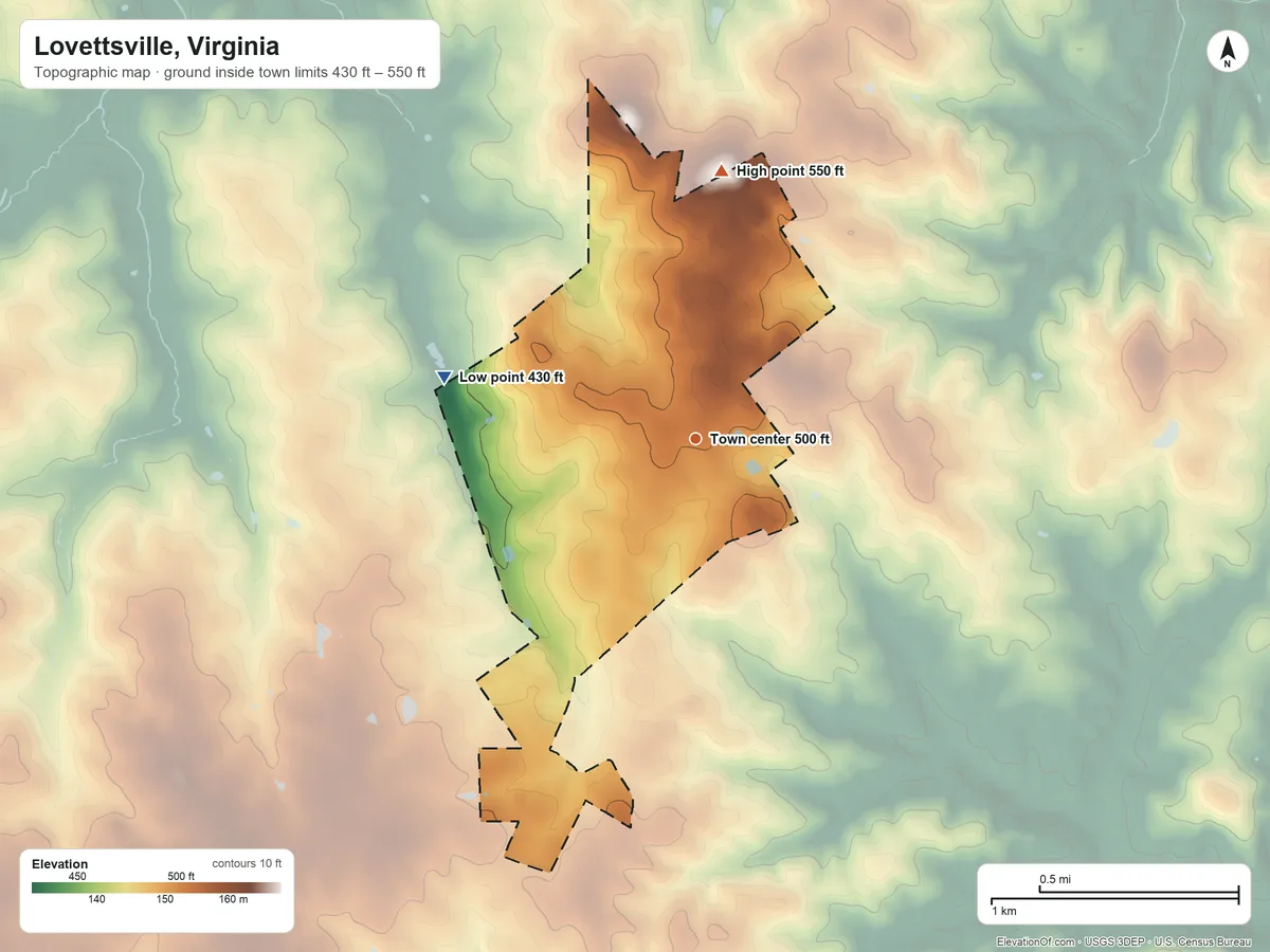 Topographic elevation map of Lovettsville, Virginia, shaded from 430 ft on the west side to 550 ft on the north side