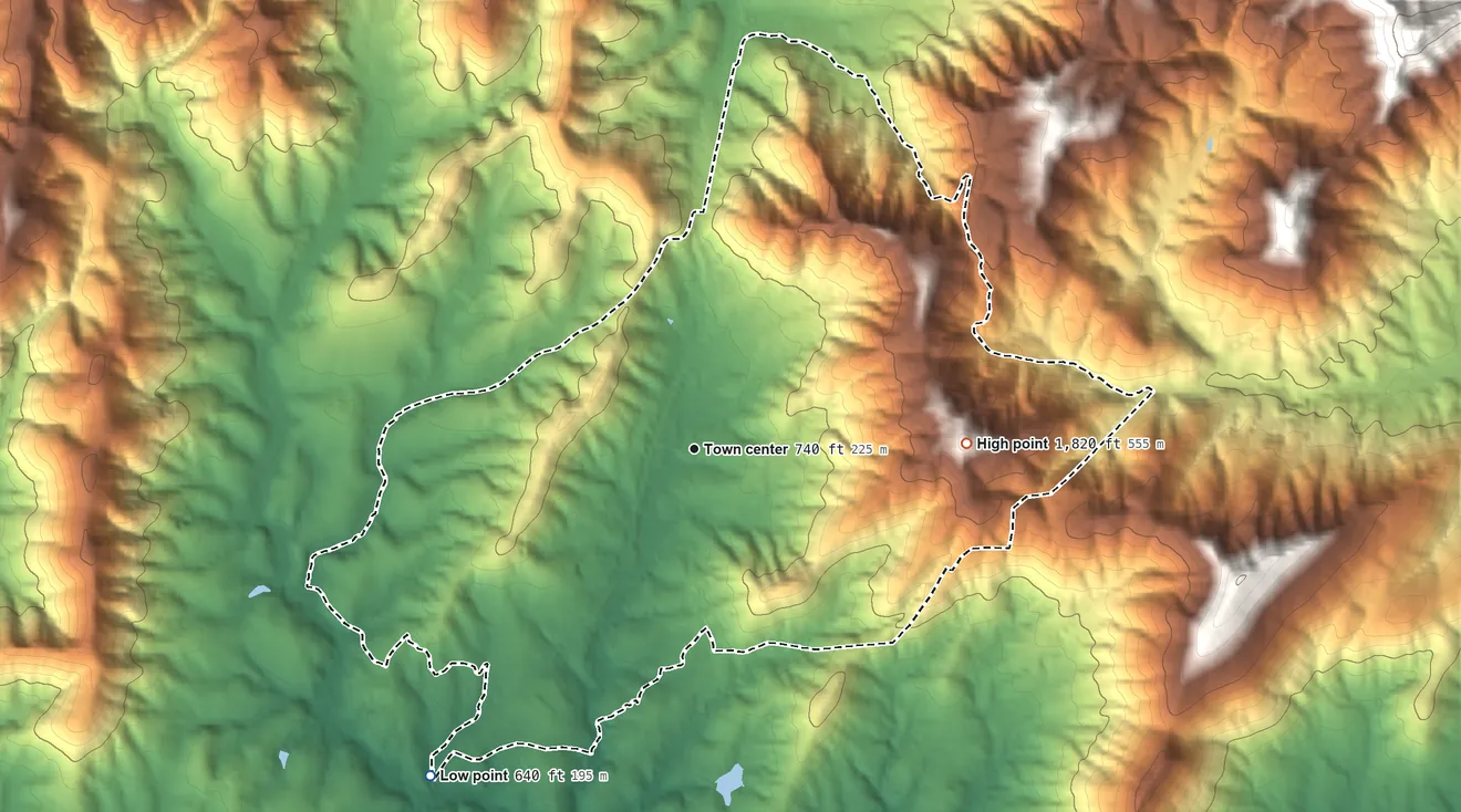 Topographic elevation map of Lovingston, Virginia, shaded from 640 ft on the southwest side to 1,820 ft on Peebles Mountain