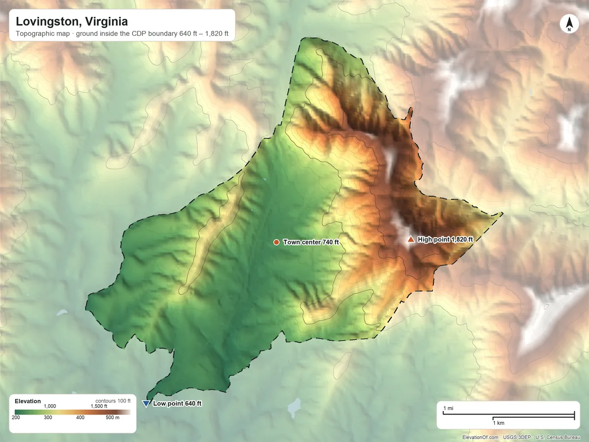 Topographic elevation map of Lovingston, Virginia, shaded from 640 ft on the southwest side to 1,820 ft on Peebles Mountain