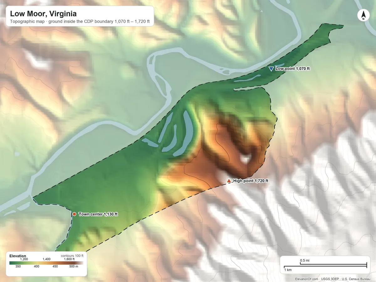 Topographic elevation map of Low Moor, Virginia, shaded from 1,070 ft on the northeast side to 1,720 ft at the foot of the Little Mountain