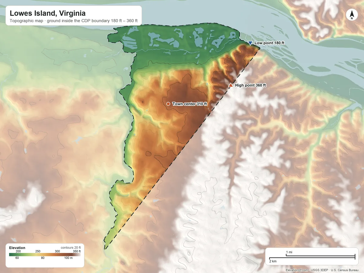 Topographic elevation map of Lowes Island, Virginia, shaded from 180 ft on the northeast side to 360 ft on the east side
