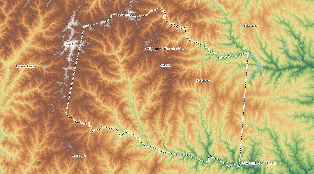 Topographic elevation map of Lunenburg County, Virginia, shaded from 180 ft on the southeast side to 630 ft on the north side