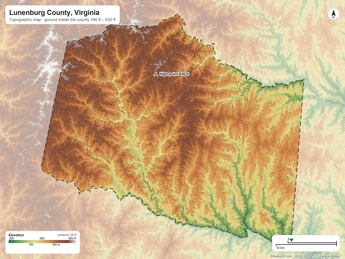 Topographic elevation map of Lunenburg County, Virginia, shaded from 180 ft on the southeast side to 630 ft on the north side