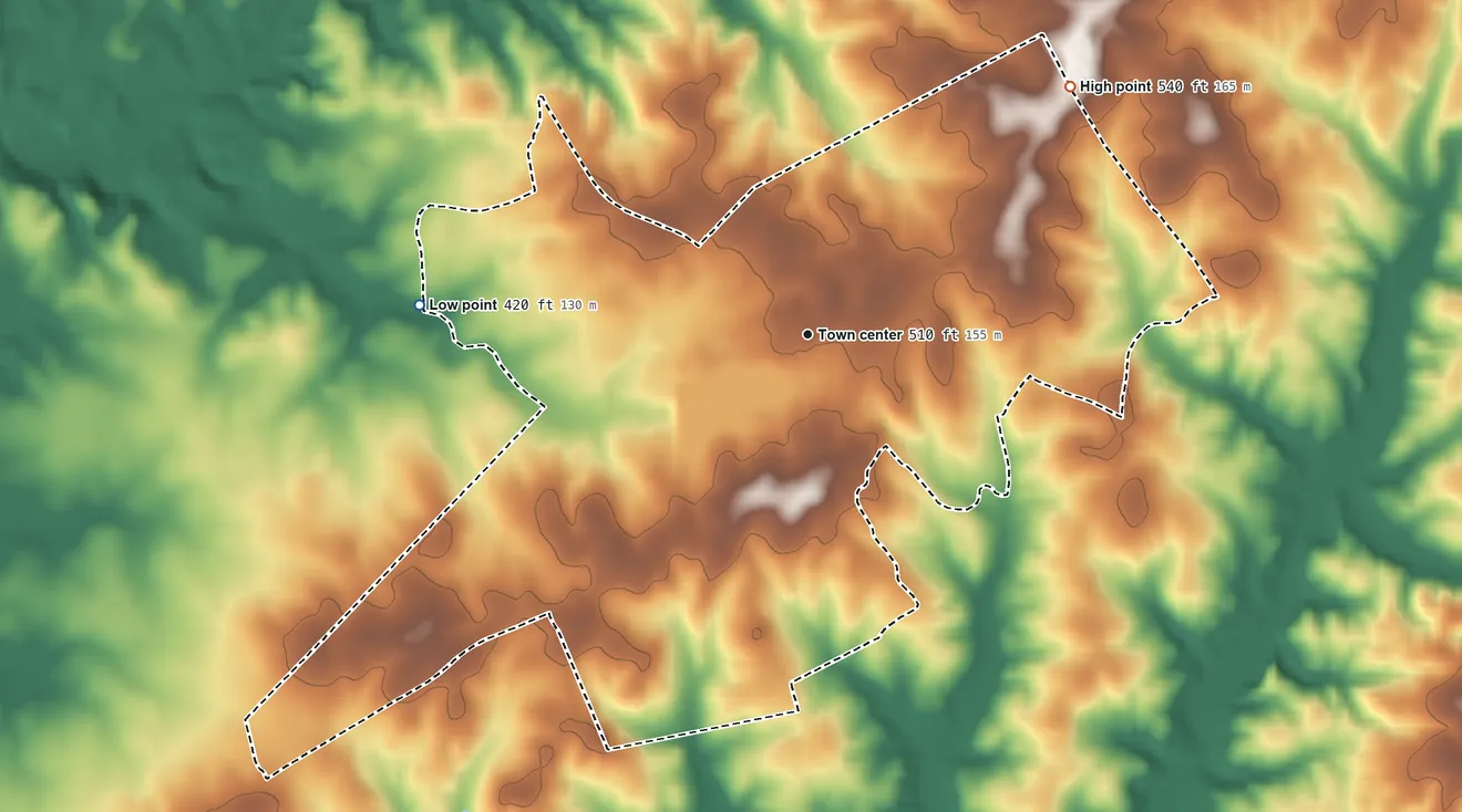 Topographic elevation map of Lunenburg, Virginia, shaded from 420 ft on the west side to 540 ft on the northeast side