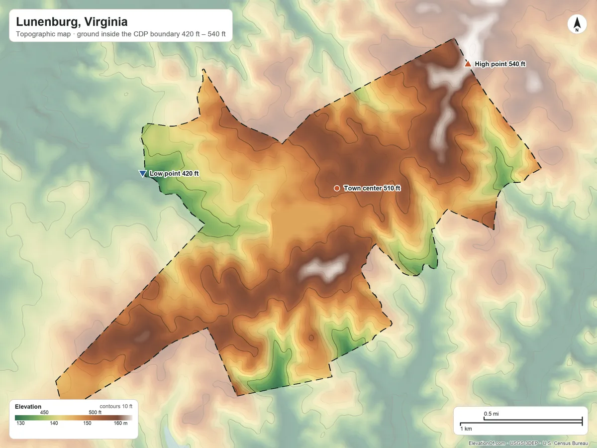 Topographic elevation map of Lunenburg, Virginia, shaded from 420 ft on the west side to 540 ft on the northeast side