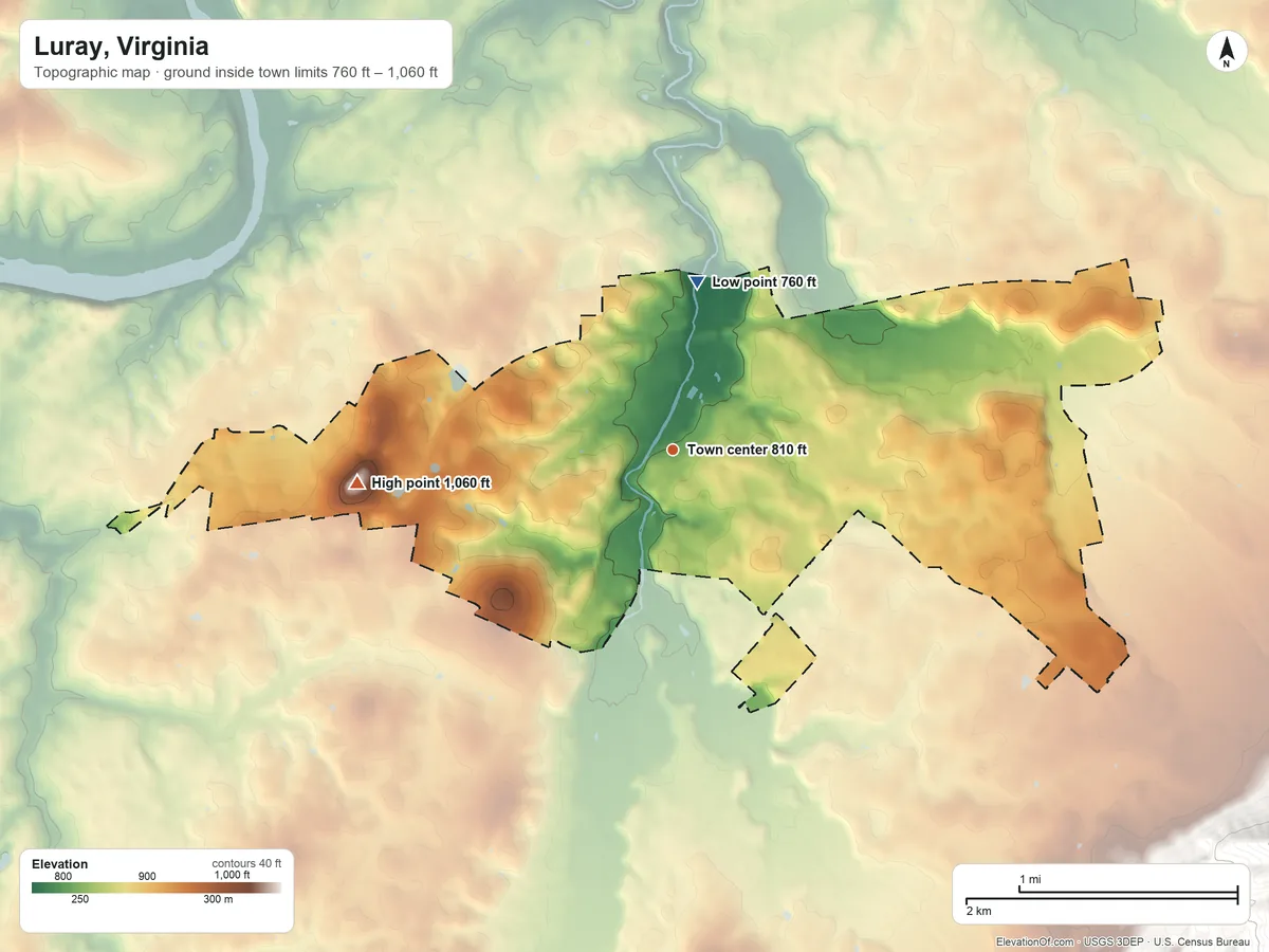 Topographic elevation map of Luray, Virginia, shaded from 760 ft on the north side to 1,060 ft on Cave Hill