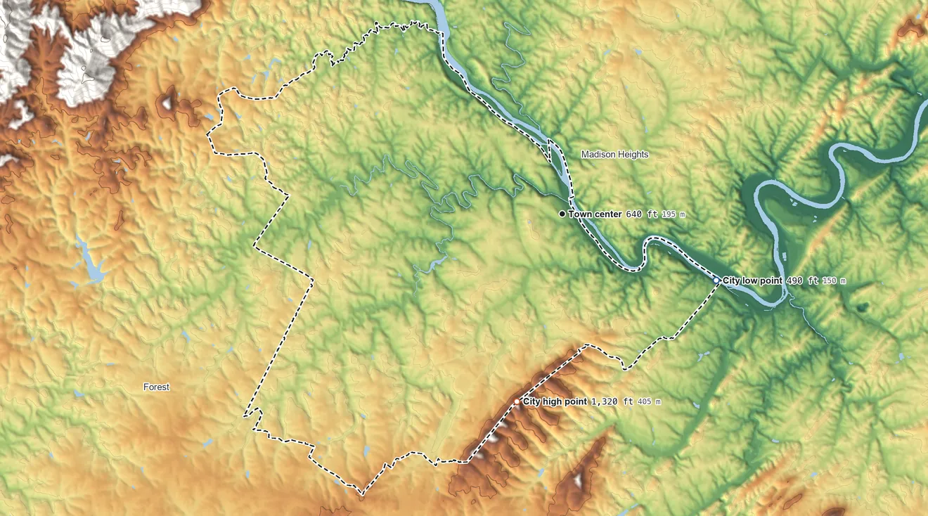 Topographic elevation map of Lynchburg, Virginia, shaded from 490 ft on the southeast side to 1,320 ft on the south side
