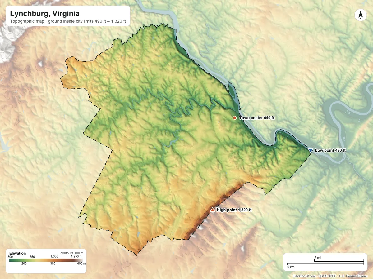 Topographic elevation map of Lynchburg, Virginia, shaded from 490 ft on the southeast side to 1,320 ft on the south side
