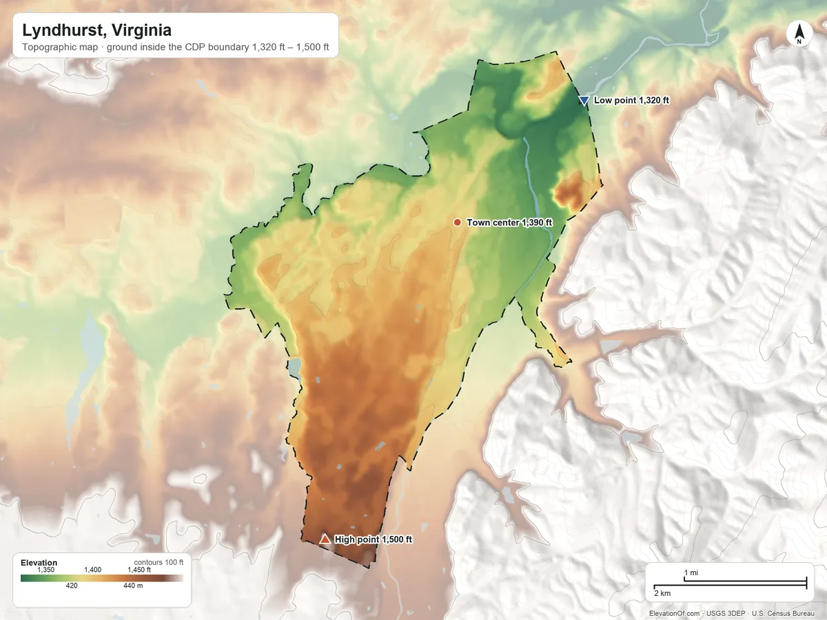 Topographic elevation map of Lyndhurst, Virginia, shaded from 1,320 ft on the northeast side to 1,500 ft on the southwest edge, below higher ground just outside