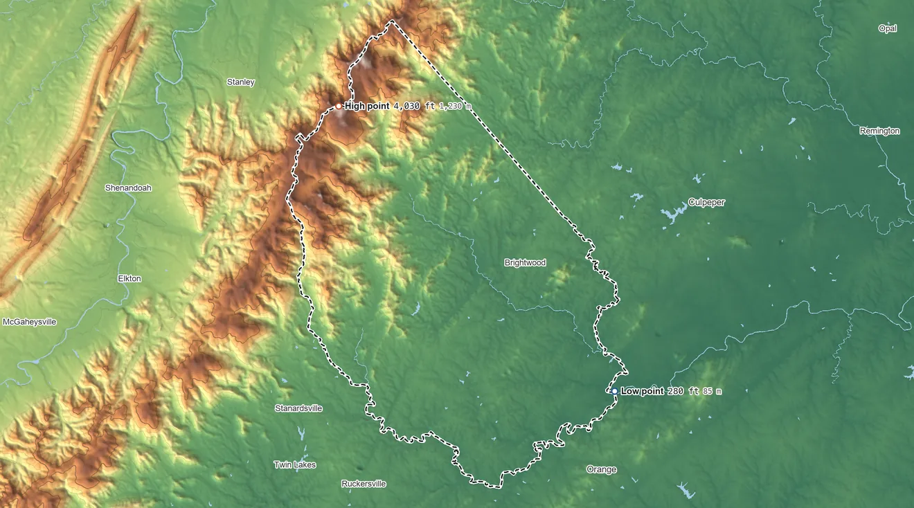 Topographic elevation map of Madison County, Virginia, shaded from 280 ft on the southeast side to 4,030 ft on Hawksbill