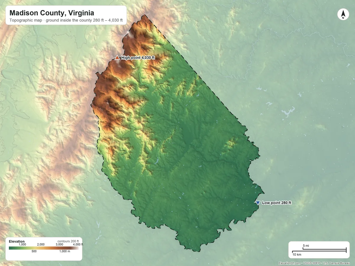 Topographic elevation map of Madison County, Virginia, shaded from 280 ft on the southeast side to 4,030 ft on Hawksbill