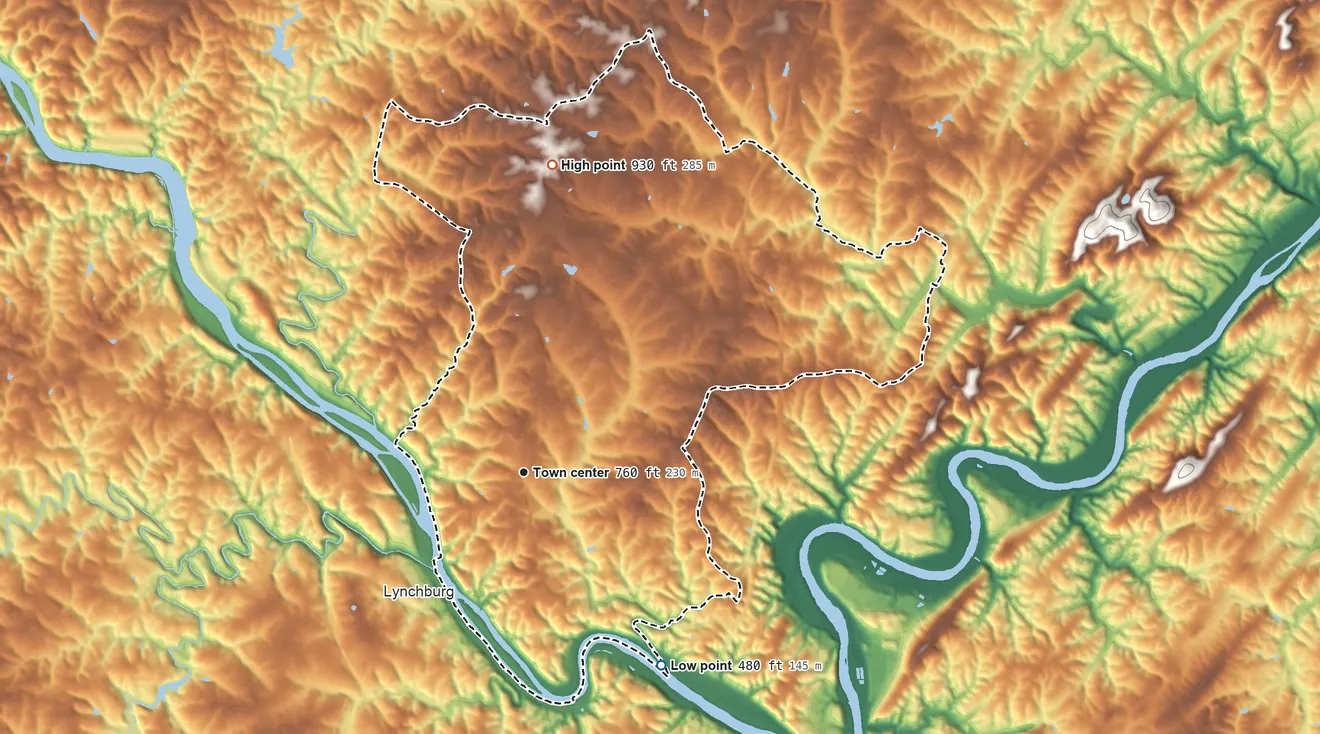 Topographic elevation map of Madison Heights, Virginia, shaded from 480 ft on the southeast side to 930 ft on the north side
