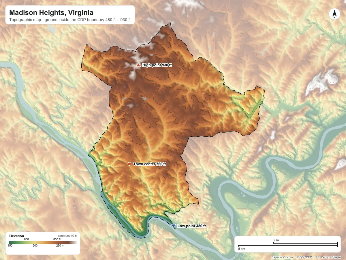 Topographic elevation map of Madison Heights, Virginia, shaded from 480 ft on the southeast side to 930 ft on the north side