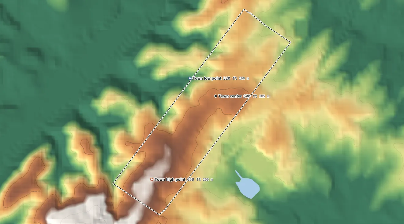 Topographic elevation map of Madison, Virginia, shaded from 520 ft on the northwest side to 650 ft on the southwest side