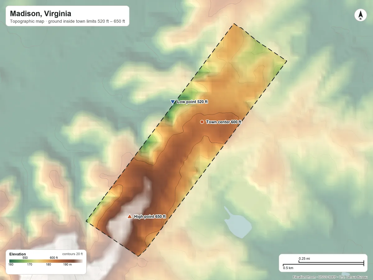 Topographic elevation map of Madison, Virginia, shaded from 520 ft on the northwest side to 650 ft on the southwest side