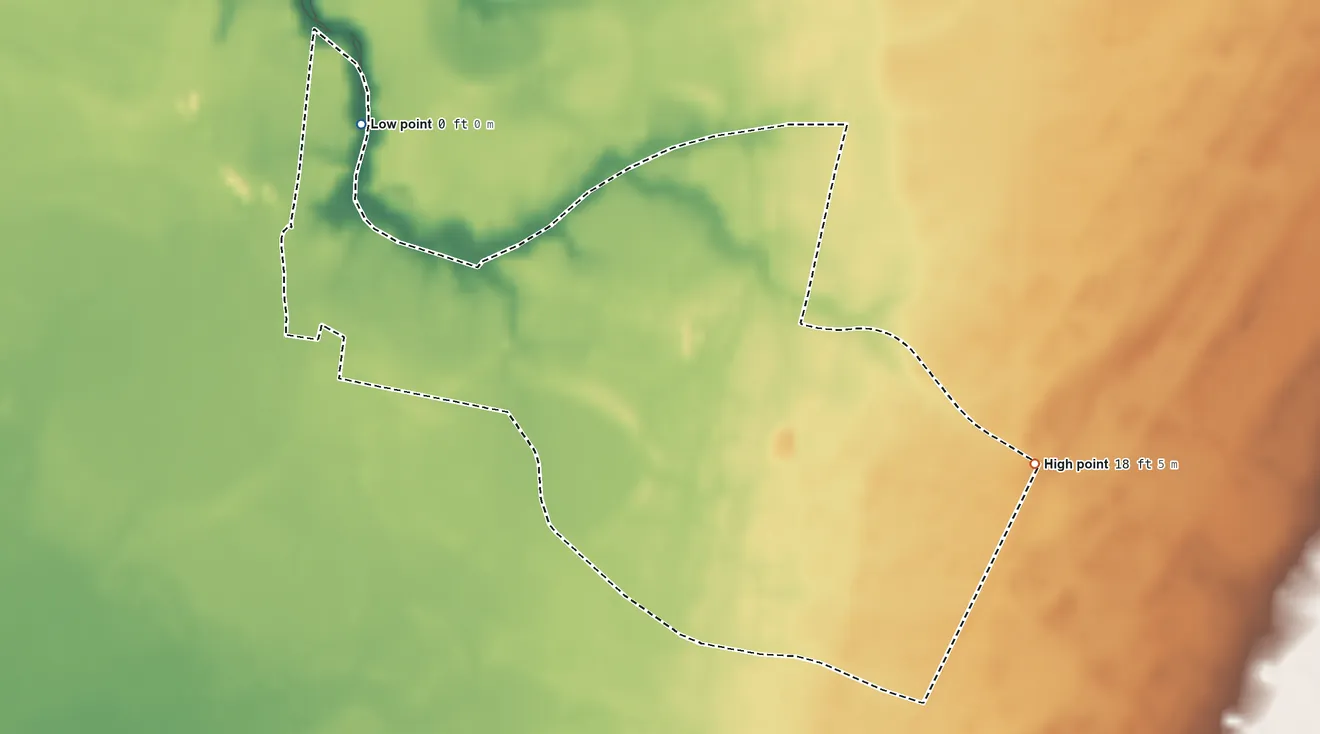 Topographic elevation map of Makemie Park, Virginia, shaded from 0 ft on the west side to 18 ft on the southeast side