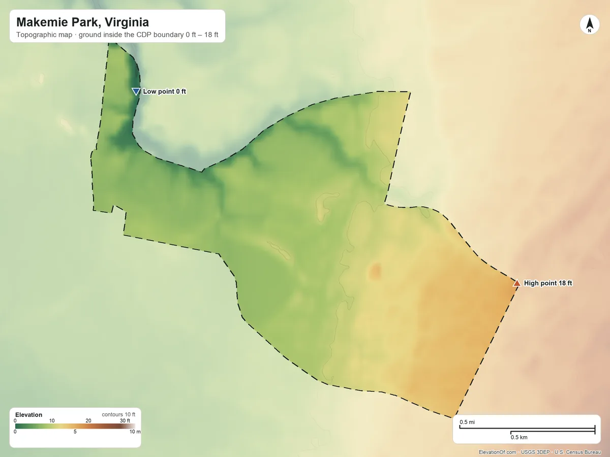 Topographic elevation map of Makemie Park, Virginia, shaded from 0 ft on the west side to 18 ft on the southeast side