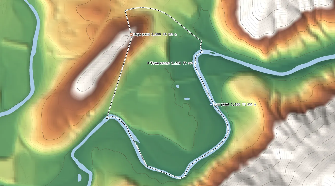Topographic elevation map of Mallow, Virginia, shaded from 1,160 ft on the southeast side to 1,590 ft at the foot of the Little Mountain