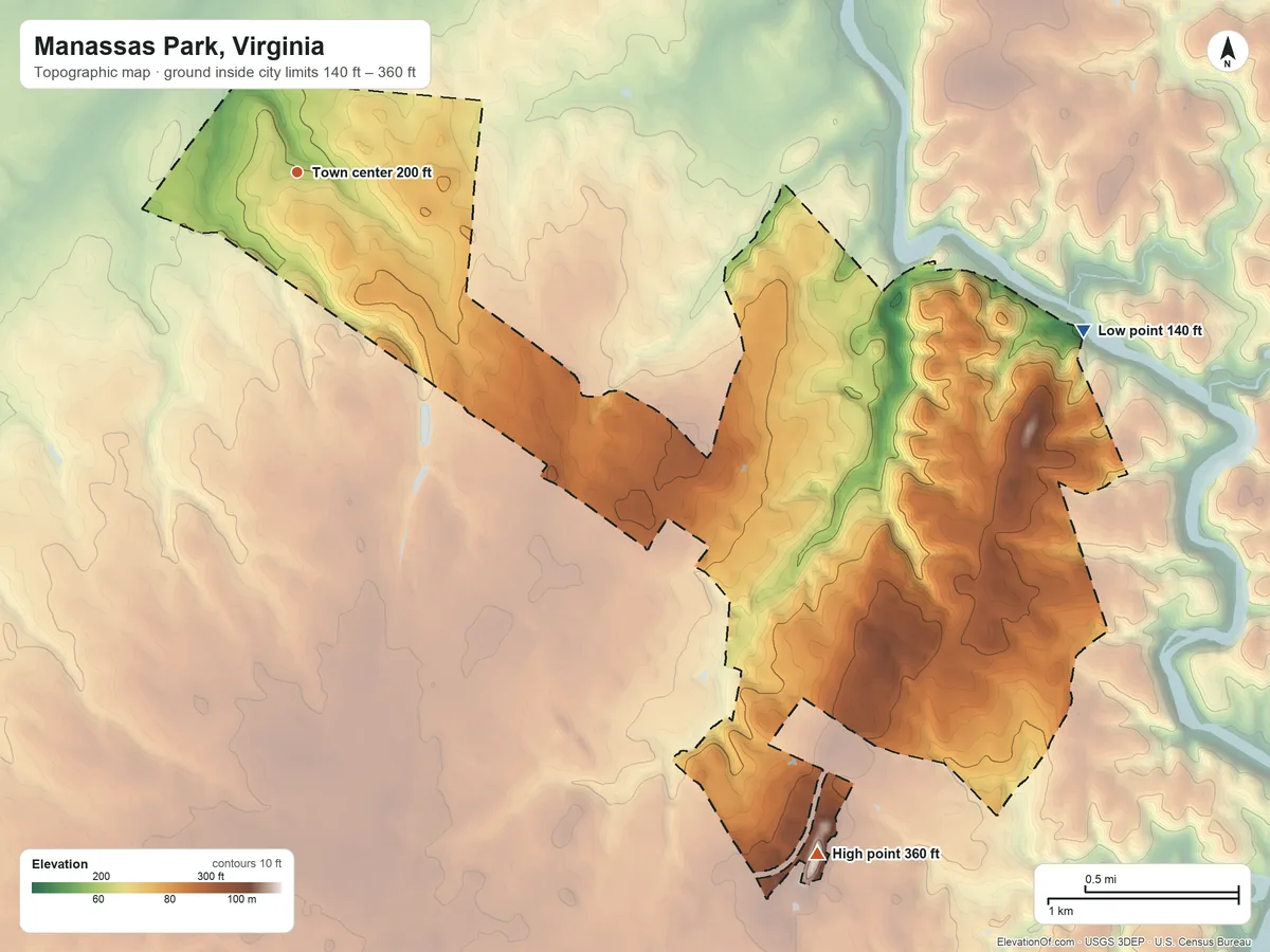 Topographic elevation map of Manassas Park, Virginia, shaded from 140 ft on the east side to 360 ft on Signal Hill