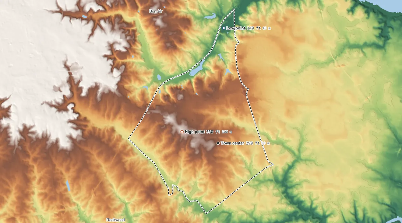 Topographic elevation map of Manchester, Virginia, shaded from 140 ft on the north side to 330 ft on the west side