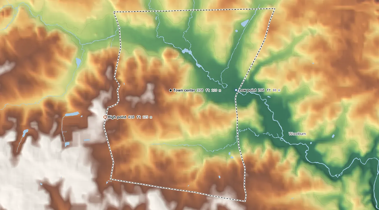 Topographic elevation map of Mantua, Virginia, shaded from 260 ft on the east side to 410 ft on the west side