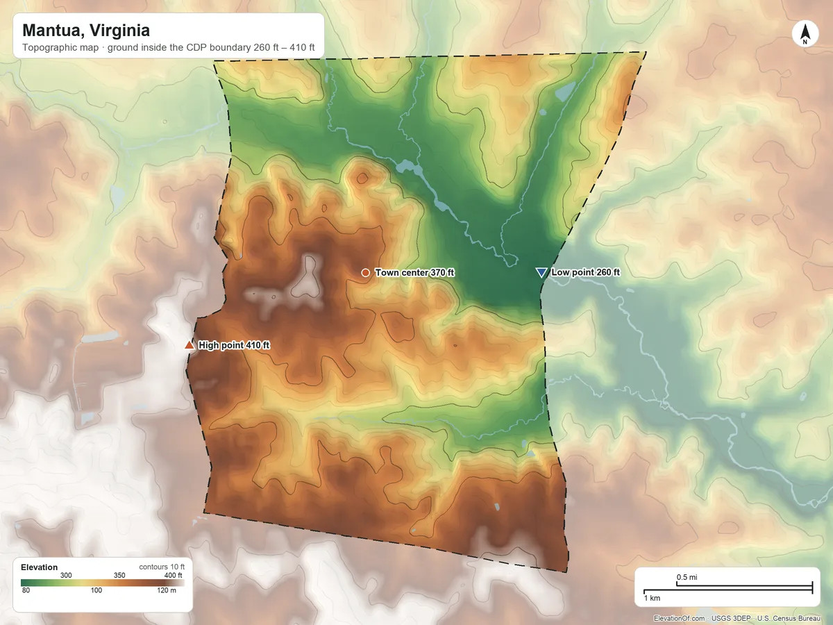 Topographic elevation map of Mantua, Virginia, shaded from 260 ft on the east side to 410 ft on the west side