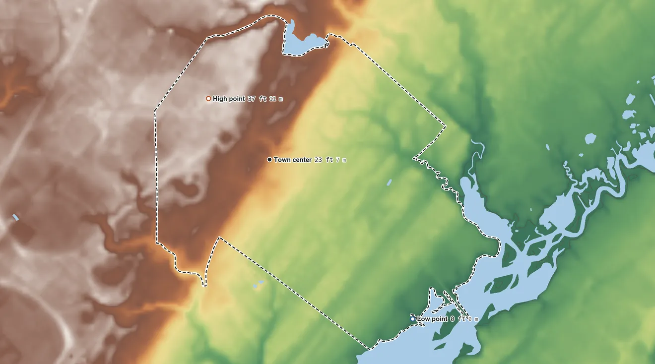 Topographic elevation map of Mappsburg, Virginia, shaded from 0 ft on the southeast side to 37 ft on the northwest side